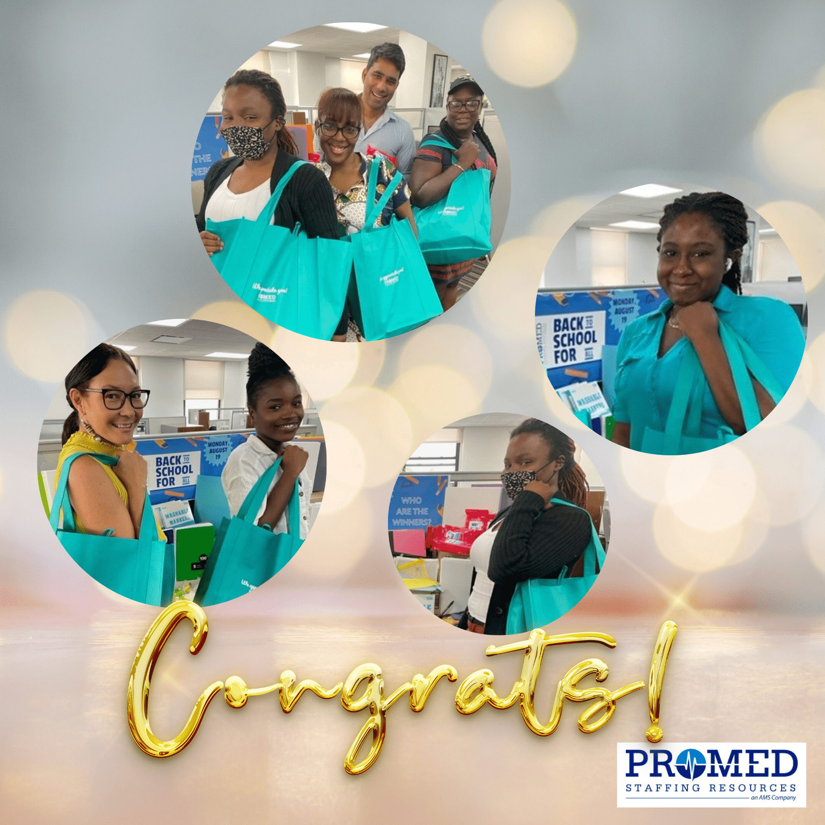 ProMed Staffing Resources employees holding bags full of school supplies